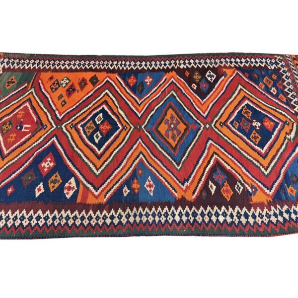 1900s antique multi diamond tribal ghashghai flatweave kilim rug 4' 9" x 9' 2" - detail view 1