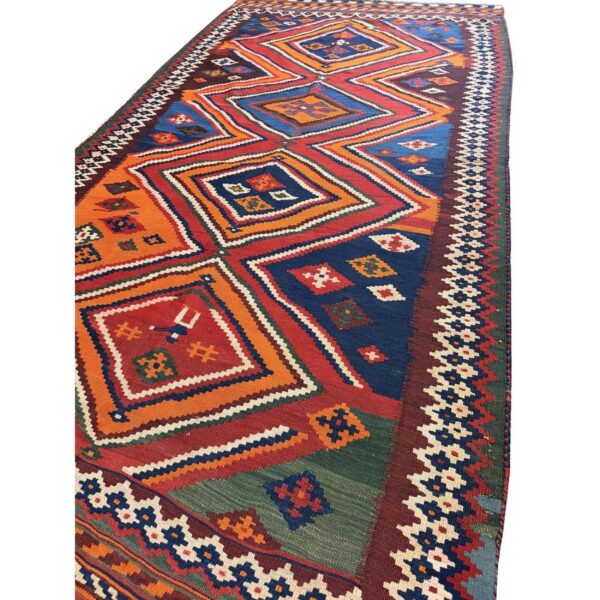 1900s antique multi diamond tribal ghashghai flatweave kilim rug 4' 9" x 9' 2" - detail view 3