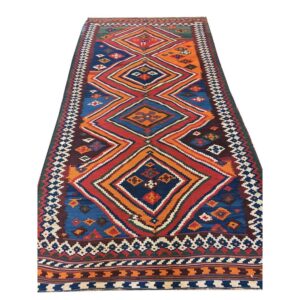 1900s Antique Multi Diamond Tribal Ghashghai Flatweave Kilim Rug 4' 9" X 9' 2" - detail view 4