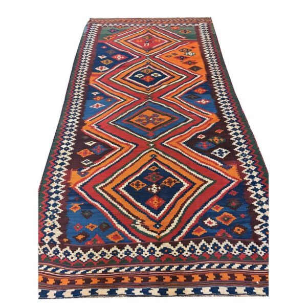 1900s antique multi diamond tribal ghashghai flatweave kilim rug 4' 9" x 9' 2" - detail view 4