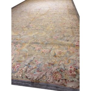 1920s Beige Field Floral Classic European Savonnerie Aubusson Large Oversize Rug - detail view 3
