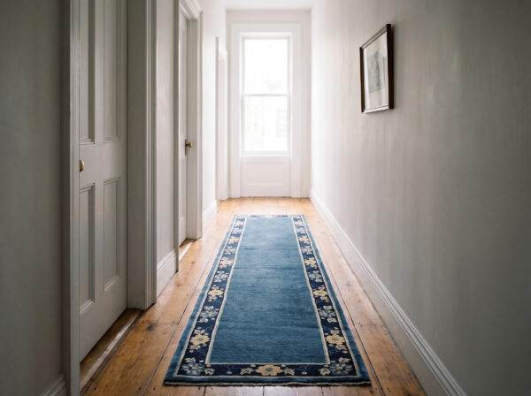 1920s blue ground open field floral antique chinese peking runner knotted rug 2 1920s antique chinese peking runner 2'9 x 9'8 in a brownstone upstairs hall, styled visualization