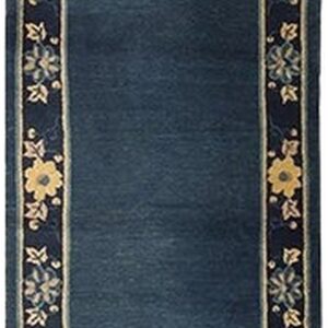 1920s Blue Ground Open Field Floral Antique Chinese Peking Runner Knotted Rug