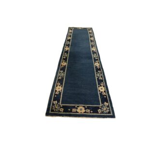 1920s Blue Ground Open Field Floral Antique Chinese Peking Runner Knotted Rug - detail view 1