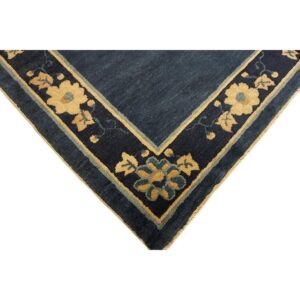 1920s Blue Ground Open Field Floral Antique Chinese Peking Runner Knotted Rug - detail view 2