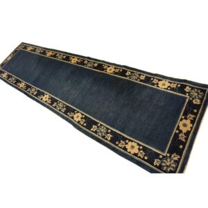 1920s Blue Ground Open Field Floral Antique Chinese Peking Runner Knotted Rug - detail view 3
