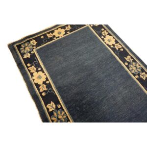 1920s Blue Ground Open Field Floral Antique Chinese Peking Runner Knotted Rug - detail view 5