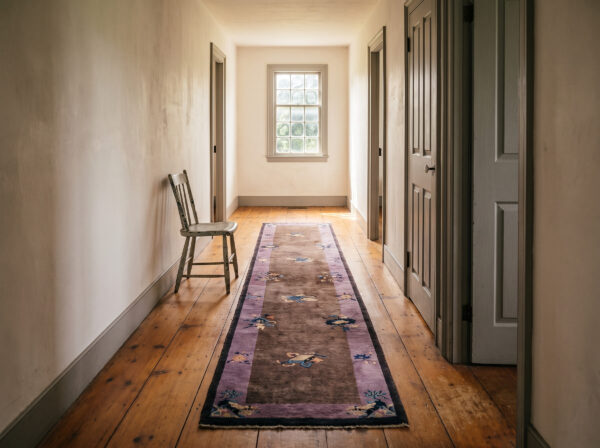 1920s brown traditional motifs geometric antique chinese art deco runner rug 2 1920s chinese art deco runner 2'5 x 11'7 in a farmhouse upstairs hall, styled visualization