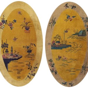 1920s Pair of Antique Chinese Art Deco Yellow Scenic Pictorial Oval Small Rugs