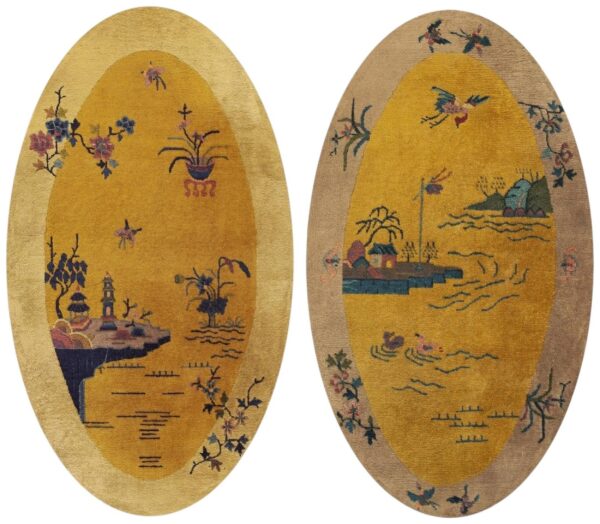 1920s pair of antique chinese art deco yellow scenic pictorial oval small rugs