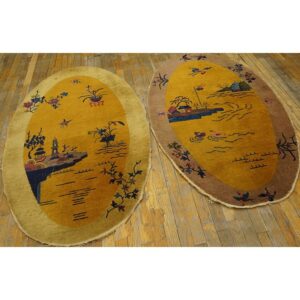 1920s Pair of Antique Chinese Art Deco Yellow Scenic Pictorial Oval Small Rugs - detail view 2