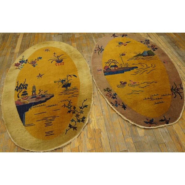 1920s pair of antique chinese art deco yellow scenic pictorial oval small rugs - detail view 2