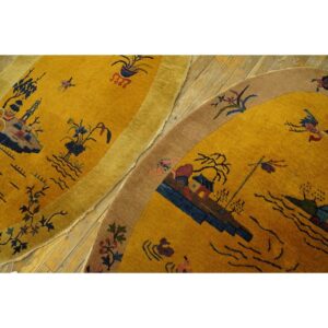 1920s Pair of Antique Chinese Art Deco Yellow Scenic Pictorial Oval Small Rugs - detail view 3