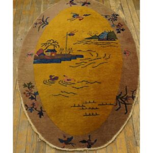 1920s Pair of Antique Chinese Art Deco Yellow Scenic Pictorial Oval Small Rugs - detail view 4