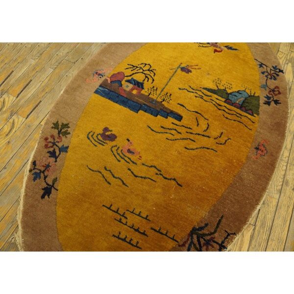1920s pair of antique chinese art deco yellow scenic pictorial oval small rugs - detail view 5
