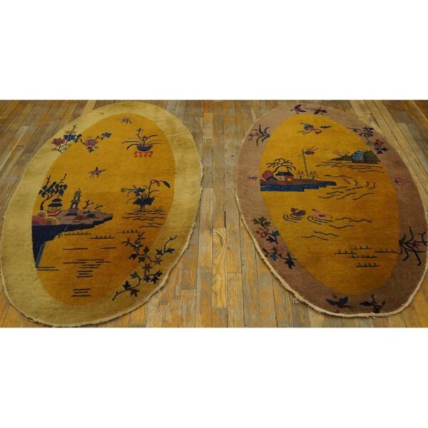 1920s pair of antique chinese art deco yellow scenic pictorial oval small rugs - detail view 6