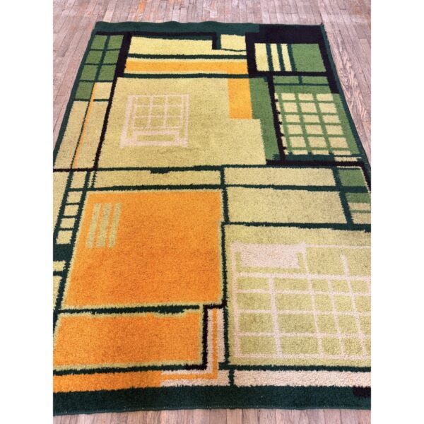 1920s rare green ground geometric antique european art deco mid sized wool rug - detail view 1