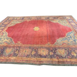 1920s Red Ground Donegal Medallion Antique European Arts & Crafts Large Wool Rug - detail view 2