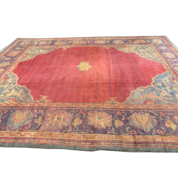 1920s red ground donegal medallion antique european arts & crafts large wool rug - detail view 2