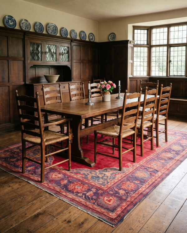 1920s red ground donegal medallion antique european arts & crafts large wool rug 2 1920s antique donegal rug 11'7 x 15'6 in an arts and crafts dining room, styled visualization