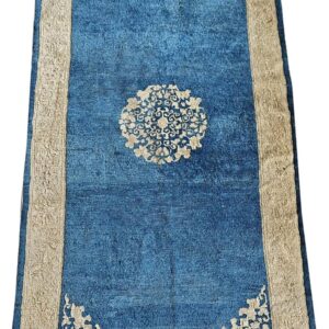 1920s Traditional Blue Ground Medallion Antique Chinese Peking Wool Small Rug