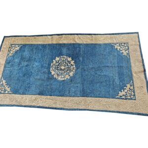 1920s Traditional Blue Ground Medallion Antique Chinese Peking Wool Small Rug - detail view 2