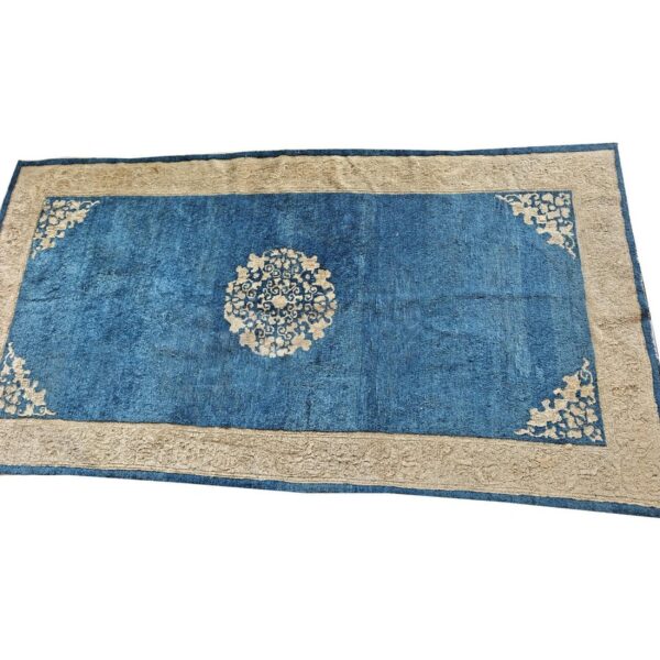 1920s traditional blue ground medallion antique chinese peking wool small rug 3 1920s traditional blue ground medallion antique chinese peking wool small rug - detail view 2