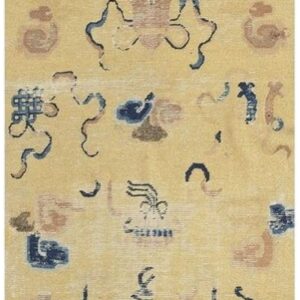 1920s Yellow Field Geometric Antique Chinese Ningxia Knotted Wool Rug