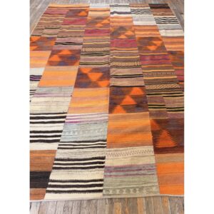 1930s Colorful Geometric Antique Turkish Village Kilim Flatweave Room Size Rug - detail view 1