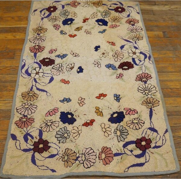 Wool 1930s hooked american antique ivory small scatter size rug 5 Wool 1930s hooked american antique ivory small scatter size rug (sku 20524) - detail view 1