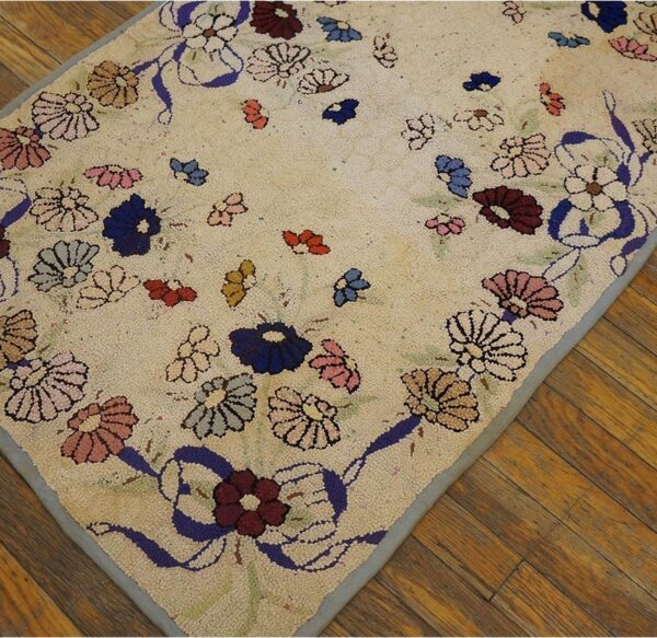 Wool 1930s hooked american antique ivory small scatter size rug 6 Wool 1930s hooked american antique ivory small scatter size rug (sku 20524) - detail view 2
