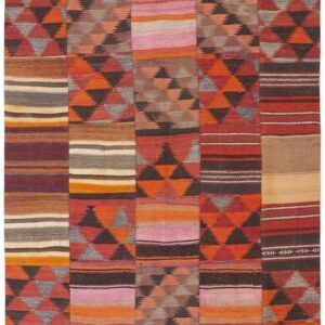 1930s Mid-Sized Multi Geometric Antique Turkish Village Kilim Flatweave Wool Rug