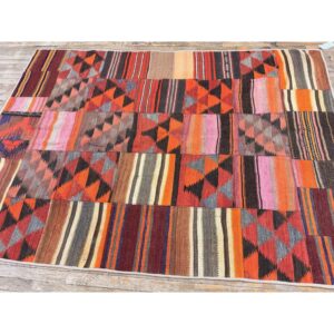 1930s Mid-Sized Multi Geometric Antique Turkish Village Kilim Flatweave Wool Rug - detail view 3