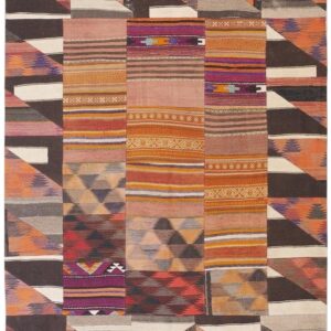 1930s Multicolor Geometric Antique Turkish Village Flatwoven Wool Kilim Rug