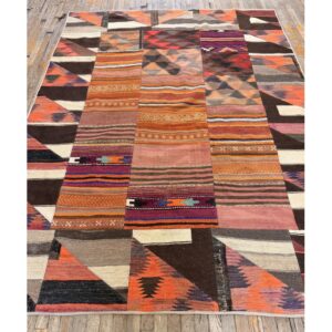 1930s Multicolor Geometric Antique Turkish Village Flatwoven Wool Kilim Rug - detail view 7