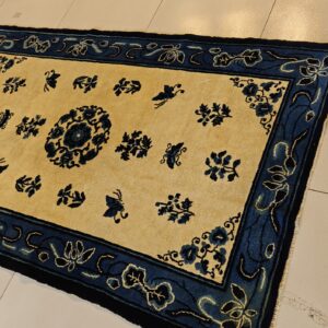 1930s Rectangle Antique Chinese - Peking Knotted Small Scatter Size Wool Ivory Rug, detail photo 7, stock number 25892