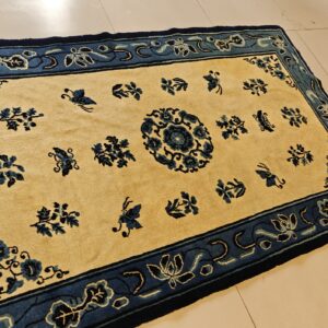 1930s Rectangle Antique Chinese - Peking Knotted Small Scatter Size Wool Ivory Rug, detail photo 8, stock number 25892