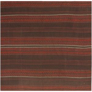 1950s Brown Field Geometric Stripe Vintage Turkish Decorative Kilim Square Rug