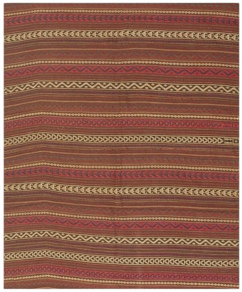 1950s Multicolor Field Geometric Stripe Vintage Turkish Kilim Wool Small Rug
