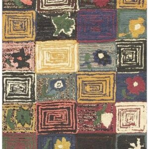1980s Multicolor Field Geometric Roses Folk Art Vintage American Hooked Wool Rug