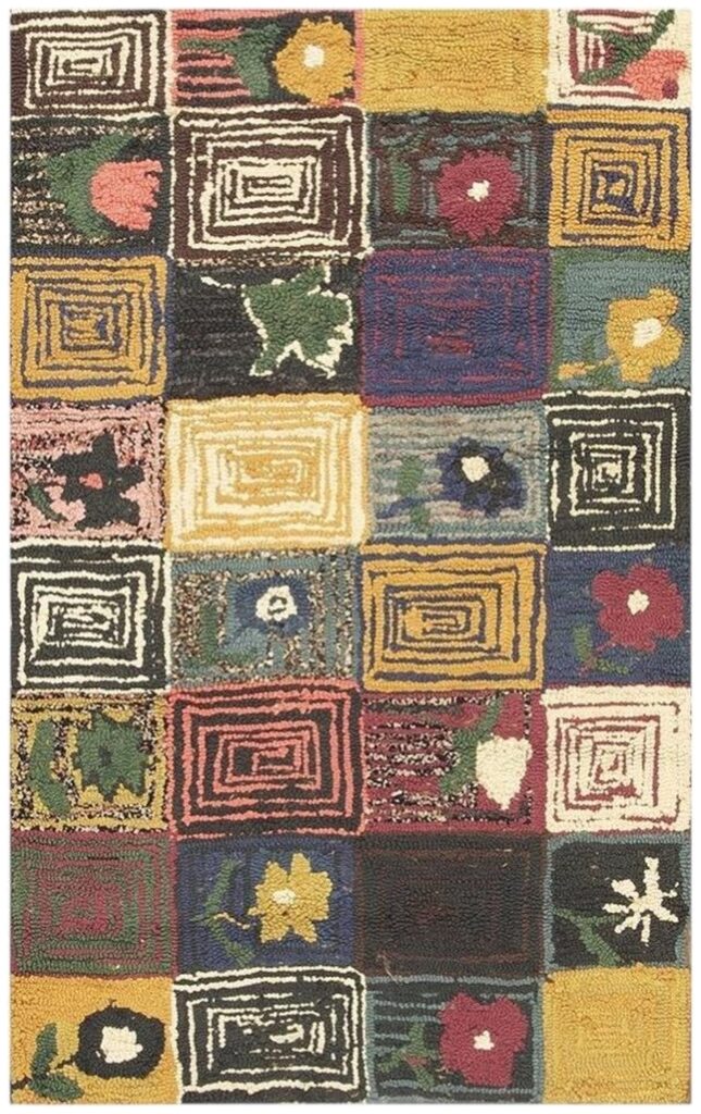 1980s Multicolor Field Geometric Roses Folk Art Vintage American Hooked Wool Rug