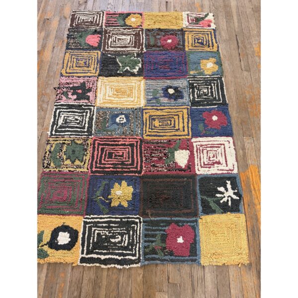 1980s multicolor field geometric roses folk art vintage american hooked wool rug 2 1980s multicolor field geometric roses folk art vintage american hooked wool rug - detail view 1