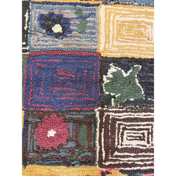 1980s multicolor field geometric roses folk art vintage american hooked wool rug 4 1980s multicolor field geometric roses folk art vintage american hooked wool rug - detail view 3