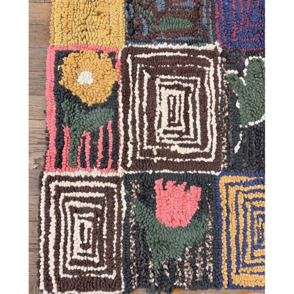 1980s multicolor field geometric roses folk art vintage american hooked wool rug 5 1980s multicolor field geometric roses folk art vintage american hooked wool rug - detail view 4