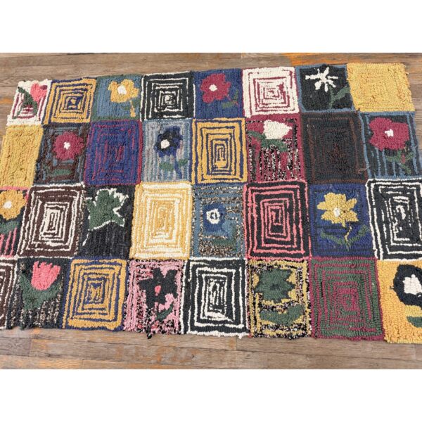 1980s multicolor field geometric roses folk art vintage american hooked wool rug 8 1980s multicolor field geometric roses folk art vintage american hooked wool rug - detail view 7