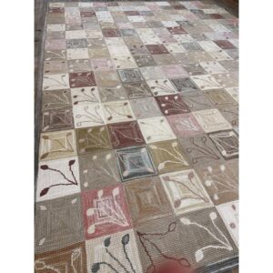 1980s Rustic Field Geometric Folk Art Vintage American Hooked Room Size Wool Rug - detail view 2
