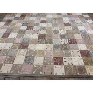 1980s Rustic Field Geometric Folk Art Vintage American Hooked Room Size Wool Rug - detail view 4
