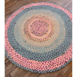 1980s Vintage Multicolor Medallion American Braided Handwoven Wool Round Rug - detail view 1