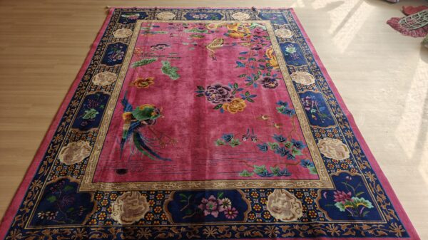 Antique allover floral design coral walter nichols art deco chinese hand knotted rug 30 Antique allover floral design coral walter nichols art deco chinese hand knotted rug, detail photo 19, stock number 24739