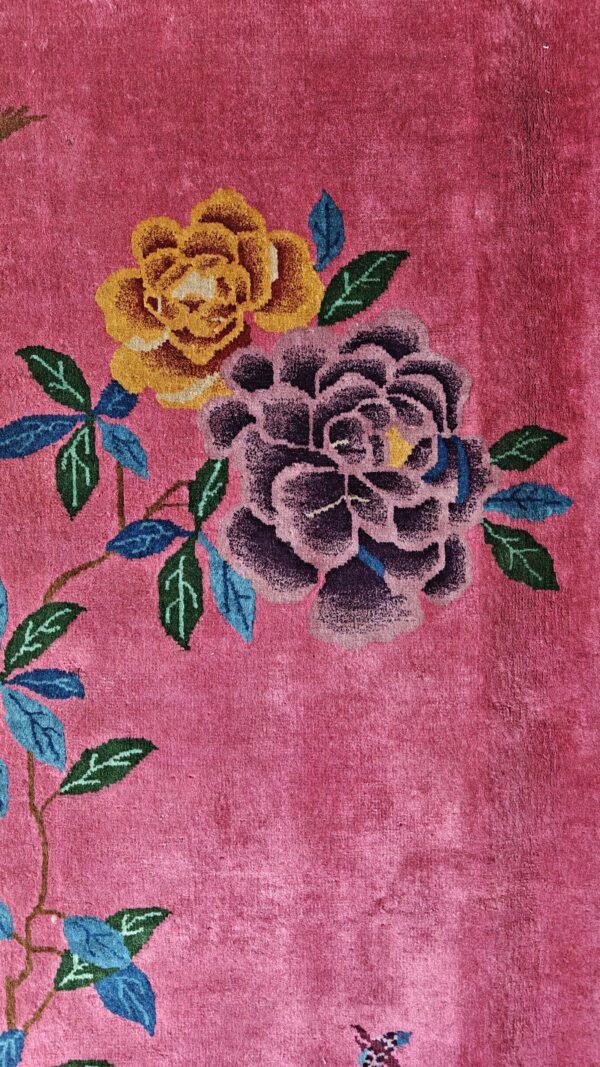 Antique allover floral design coral walter nichols art deco chinese hand knotted rug 13 Antique allover floral design coral walter nichols art deco chinese hand knotted rug, detail photo 2, stock number 24739